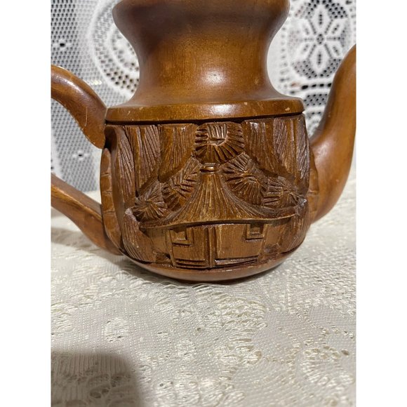 Vintage Genuine Monkey Pod Wood Tea Pot Hand Carved - Picture 5 of 5